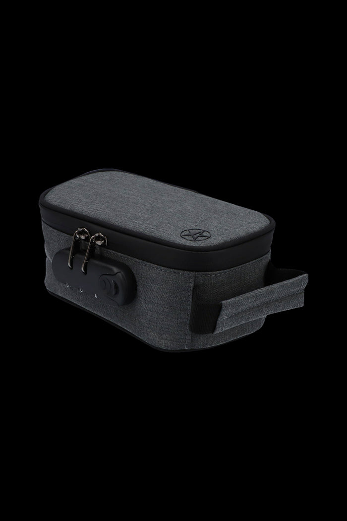 Angled close-up of the gray Famous Brandz Smell Proof Stash Case with Lock showing its textured fabric, top logo, metal zipper pulls, and combination lock.