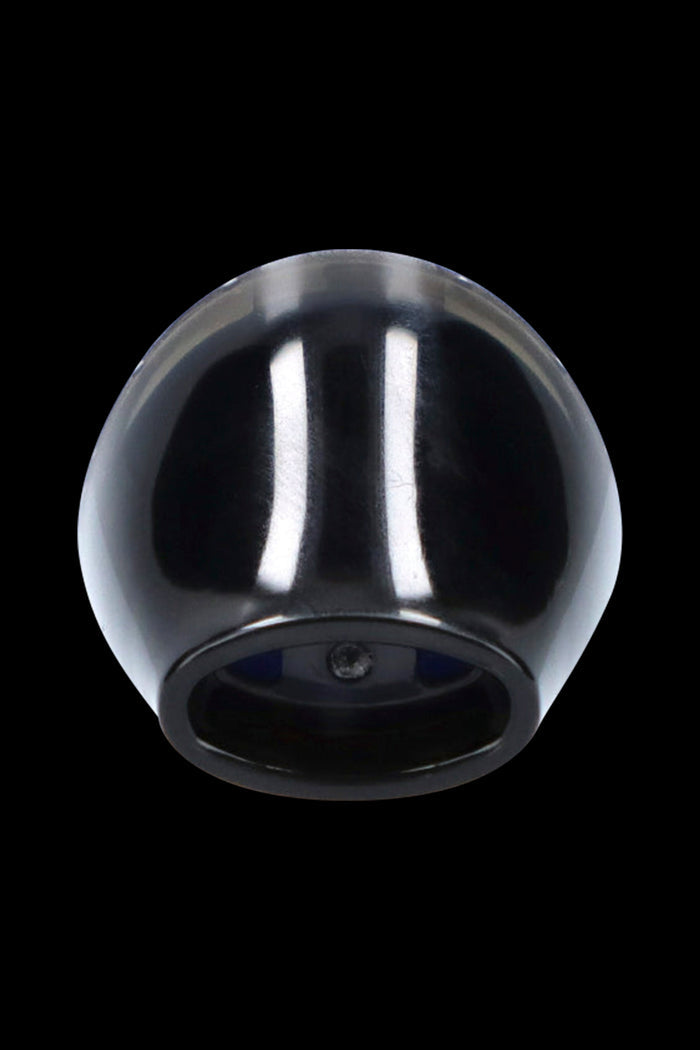 Black glass cannabis water pipe against a dark background.