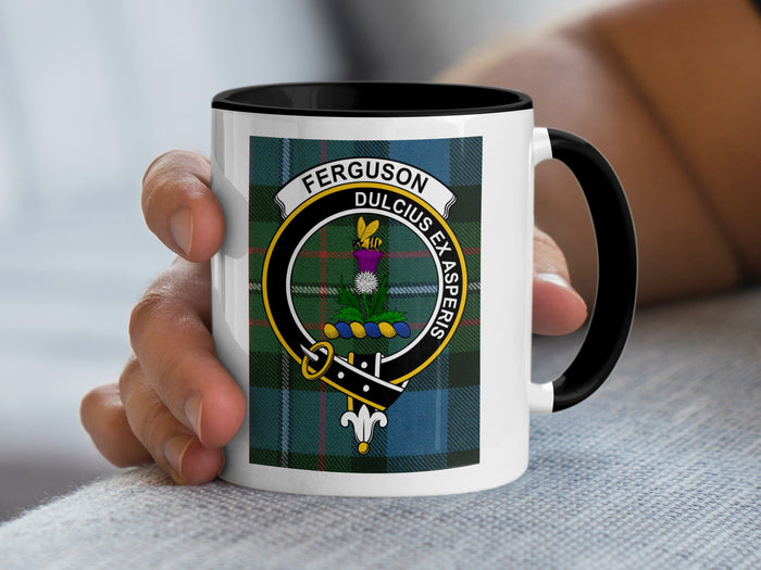 Ferguson family crest tartan mug with black handle — Scottish heritage gift
