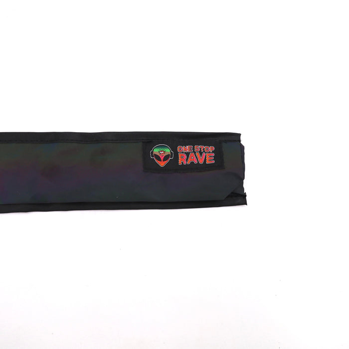 Flash reflective hand fan holster with One Stop Rave patch on bottom of holster.