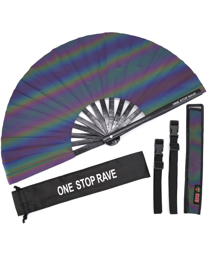 Flash reflective hand fan with One Stop Rave flash reflective fan holster, dual adjustable straps, and carrying pouch. (Sold separately)