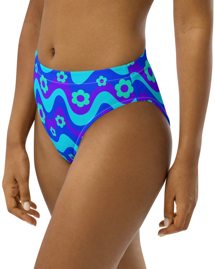 Flower Power Blue Recycled High Waisted Bottoms, High-Waisted Bottoms, - One Stop Rave