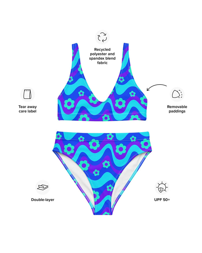 Flower Power Blue Recycled High Waisted Bottoms, High-Waisted Bottoms, - One Stop Rave