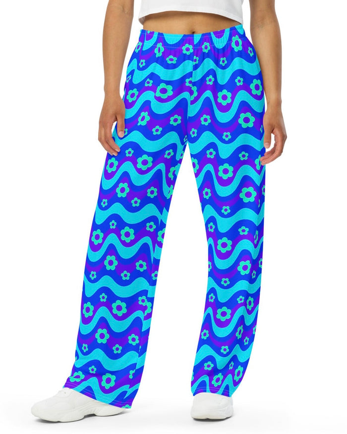 Flower Power Blue Wide Leg Pants, Wide Leg Pants, - One Stop Rave