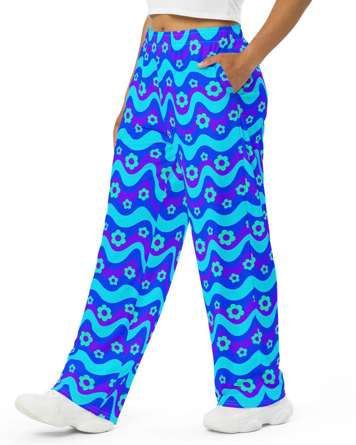 Flower Power Blue Wide Leg Pants, Wide Leg Pants, - One Stop Rave