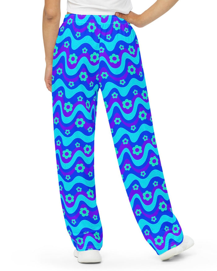 Flower Power Blue Wide Leg Pants, Wide Leg Pants, - One Stop Rave