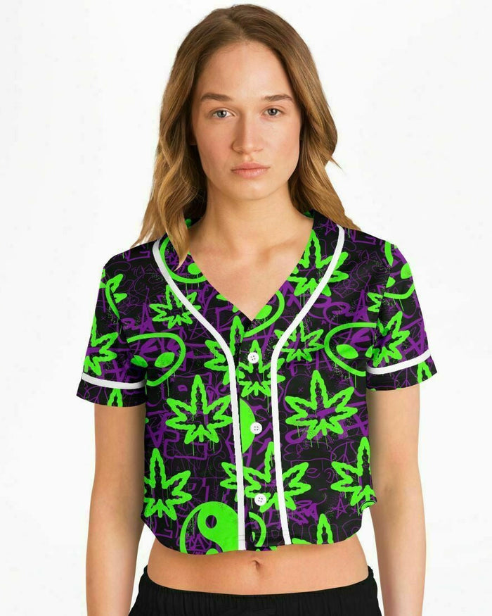 Ganja Graffiti Cropped Baseball Jersey, Cropped Baseball Jersey, - One Stop Rave