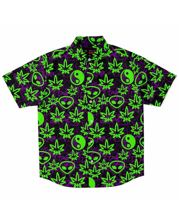 Ganja Graffiti Party Shirt, Short Sleeve Button Down Shirt - AOP, - One Stop Rave
