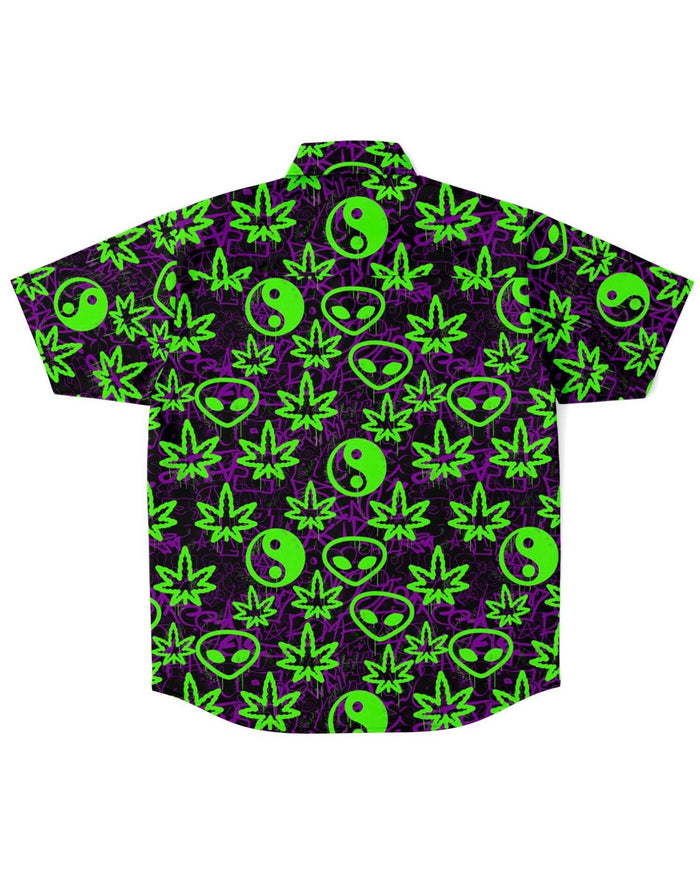 Ganja Graffiti Party Shirt, Short Sleeve Button Down Shirt - AOP, - One Stop Rave