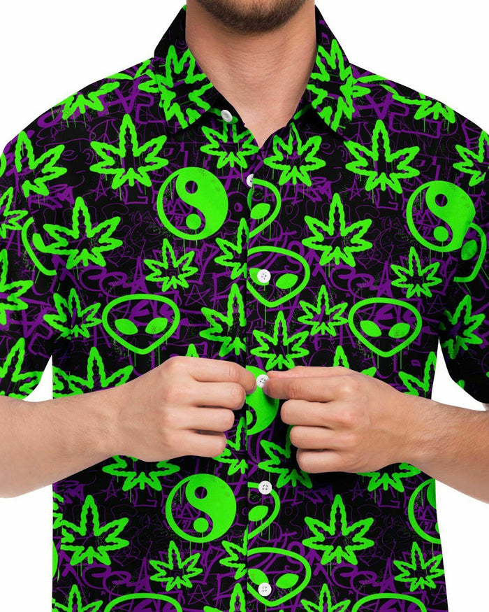 Ganja Graffiti Party Shirt, Short Sleeve Button Down Shirt - AOP, - One Stop Rave