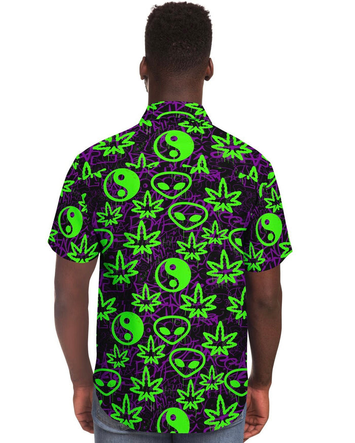 Ganja Graffiti Party Shirt, Short Sleeve Button Down Shirt - AOP, - One Stop Rave