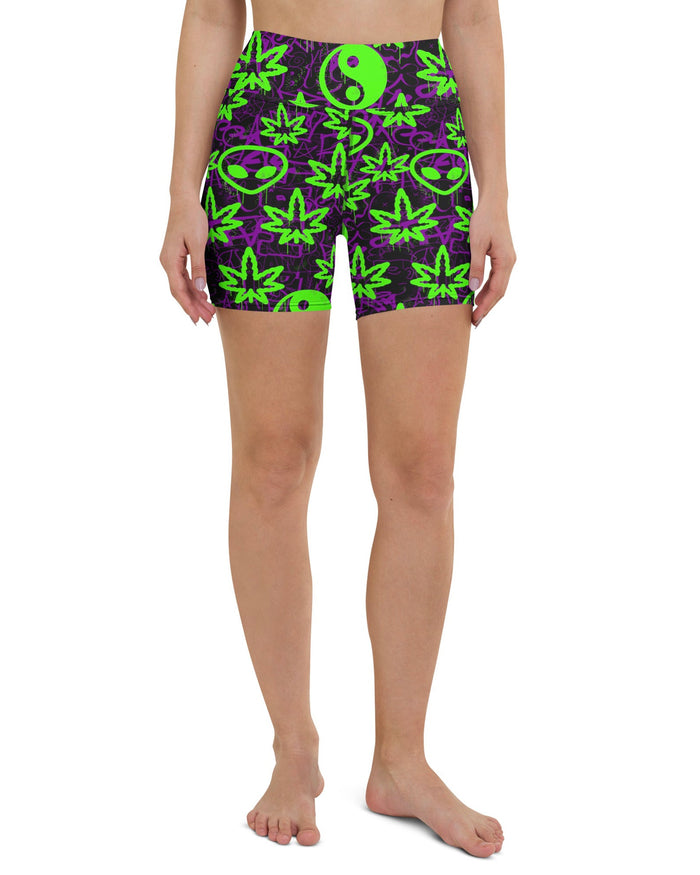 Ganja Graffiti Yoga Shorts, Yoga Shorts, - One Stop Rave