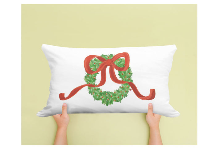 Haley's Wreath with Big Red Bow 20x14 Lumbar Pillow