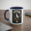 Hunter crest on tartan background mug — navy handle, Scottish heritage gift
