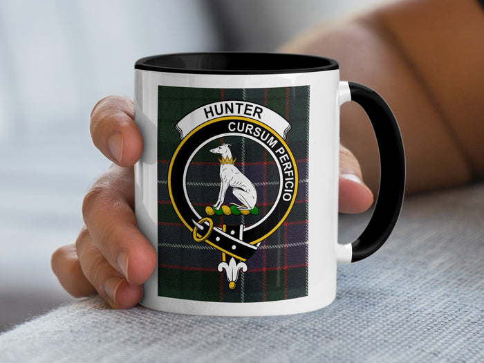 Hunter clan tartan crest mug with black handle and rim — 11oz ceramic