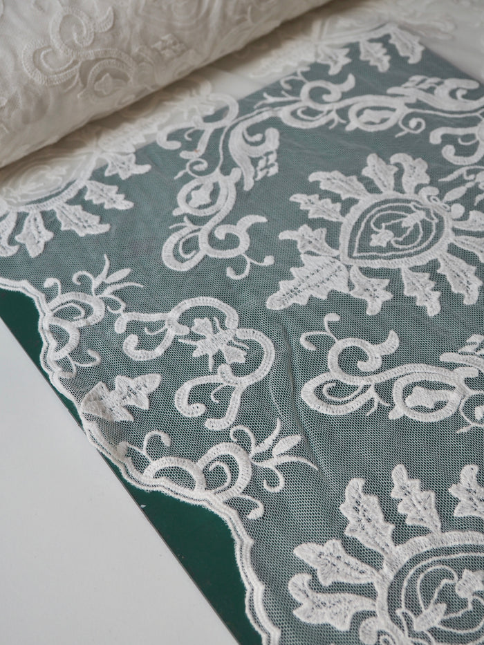 Ivory Swirl Scallop Embroidered Soft Mesh