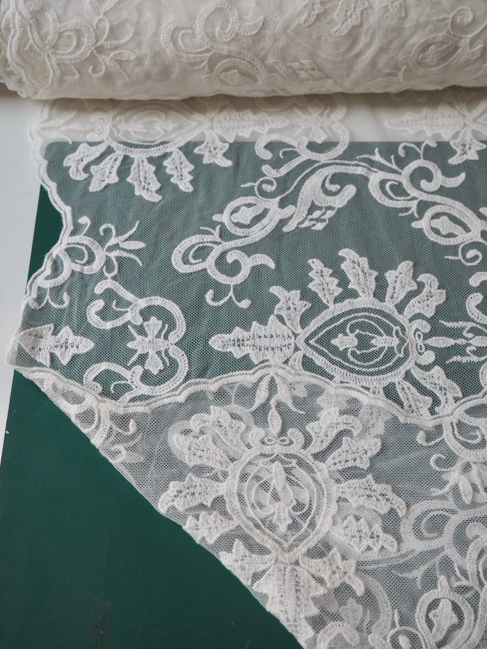 Ivory Swirl Scallop Embroidered Soft Mesh