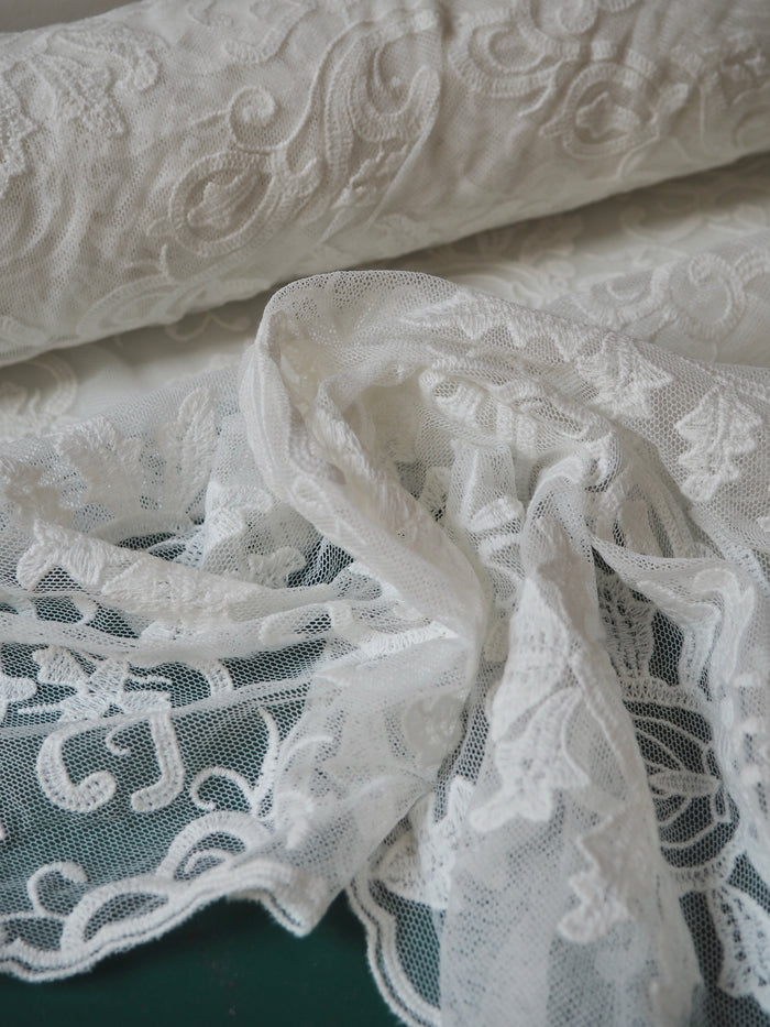 Ivory Swirl Scallop Embroidered Soft Mesh