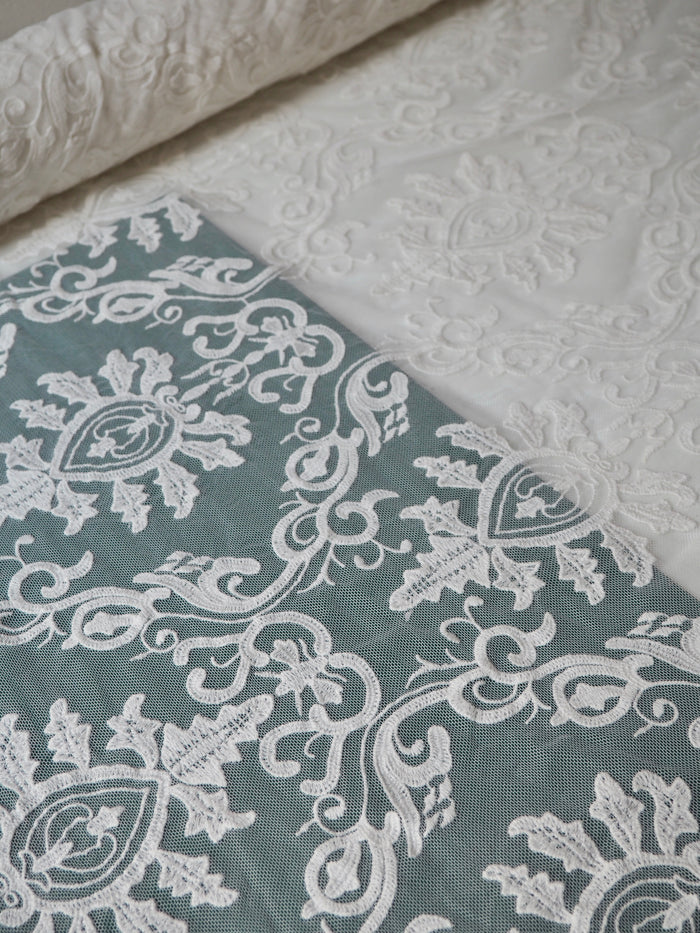 Ivory Swirl Scallop Embroidered Soft Mesh