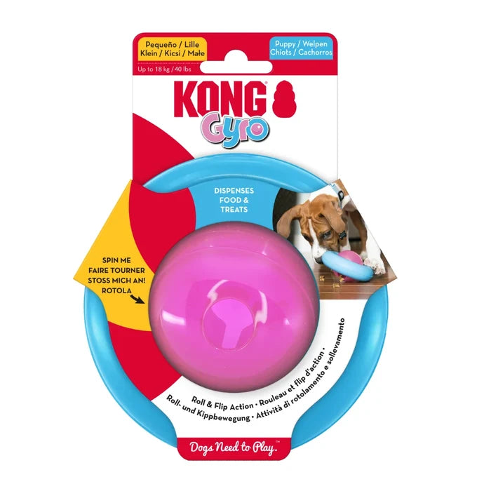 KONG Gyro puppy toy, a spinning centre orb held inside a static outer ring