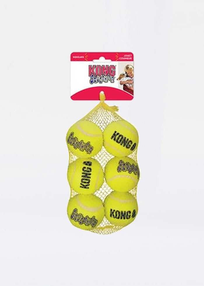 Pack of KONG SqueakAir tennis-style dog balls with squeakers, medium size, in bright colours