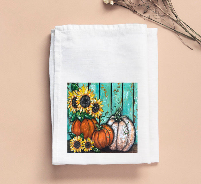 Kristie Orange White Pumpkin Turquoise Tea Towel