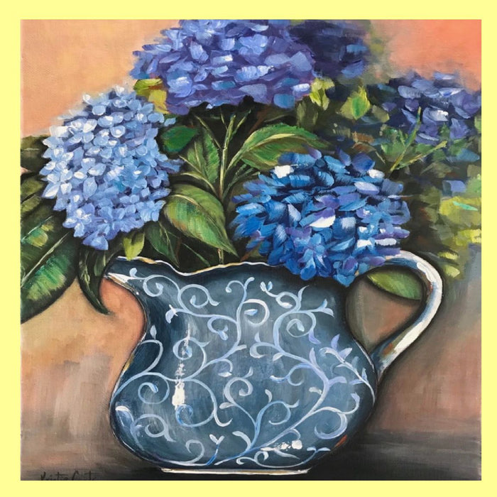 Kristies  Hydrangeas in Blue Printed Pitcher Square Swap