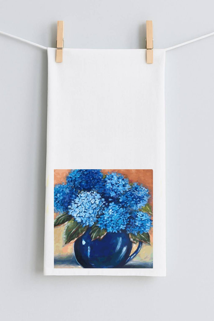 Kristies Solid Blue Pitcher and Hydrangeas Tea Towel