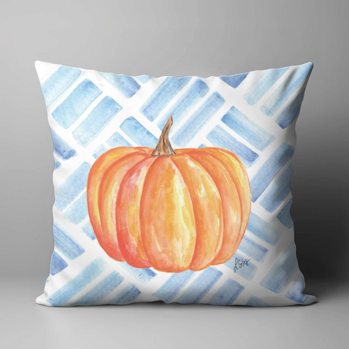 Lauraâ Orange Pumpkin Blue Pattern Pillow