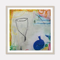 The artwork 'LS no. 12' by Janice La Motta features a minimalist composition with a sketched wine glass outline and a cobalt blue vessel against a pale gray background. Vibrant accents of yellow, orange, and green frame the edges, while gestural marks in oil pastel on Yupo paper create a contemporary abstract aesthetic.