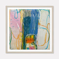 The artwork 'LS no. 14' by Janice La Motta features bold abstract expressionist strokes with vibrant blues, pinks, and yellows on Yupo paper. Sweeping vertical lines in deep navy blue contrast with soft pastel backgrounds, while fluid curved lines in turquoise and orange create dynamic movement across the 9x9 inch composition. Oil pastel technique creates rich textural elements and spontaneous gestural marks.