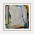 The artwork 'LS no. 17' by Janice La Motta features abstract linear compositions with bold black strokes framing the edges, complemented by vibrant blue, yellow, and orange accents against a soft grey background. Oil pastel on Yupo paper creates textural depth and gestural movement in this 9x9 inch contemporary abstract piece.