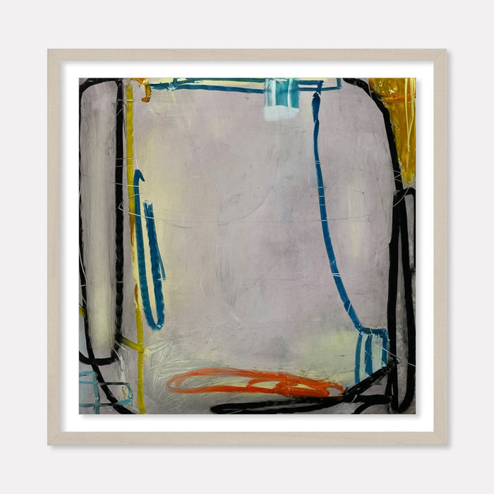 The artwork 'LS no. 17' by Janice La Motta features abstract linear compositions with bold black strokes framing the edges, complemented by vibrant blue, yellow, and orange accents against a soft grey background. Oil pastel on Yupo paper creates textural depth and gestural movement in this 9x9 inch contemporary abstract piece.