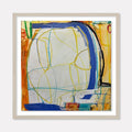 The artwork 'LS no. 26' by Janice La Motta features abstract geometric lines in yellow and blue intersecting across a pale gray background. Bold strokes of cobalt blue and burnt orange frame the composition, while turquoise accents add depth. Created with oil pastel on Yupo paper, the piece showcases spontaneous linear elements and dynamic color relationships. By Janice La Motta.