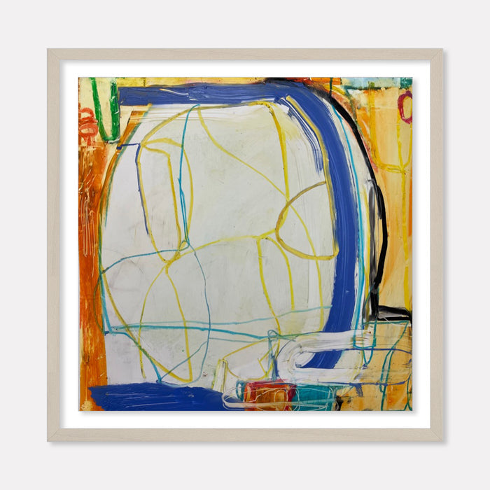 The artwork 'LS no. 26' by Janice La Motta features abstract geometric lines in yellow and blue intersecting across a pale gray background. Bold strokes of cobalt blue and burnt orange frame the composition, while turquoise accents add depth. Created with oil pastel on Yupo paper, the piece showcases spontaneous linear elements and dynamic color relationships. By Janice La Motta.