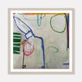 The artwork 'LS no. 5' by Janice La Motta features abstract gestural lines and shapes in vibrant colors against a light gray background. Bold blue angular strokes intersect with green circular forms, while pink spiral marks and parallel green bars create dynamic movement. Oil pastel on Yupo paper gives the piece a unique textural quality. By Janice La Motta.