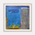 The artwork 'LS no. 7' by Janice La Motta features an abstract composition divided into vibrant sections: a dominant azure blue field with gestural marks, a contrasting gray rectangular panel outlined in magenta, and energetic yellow linear elements at the bottom. Created with oil pastel on Yupo paper, the piece showcases expressive brushwork and dynamic color interplay.