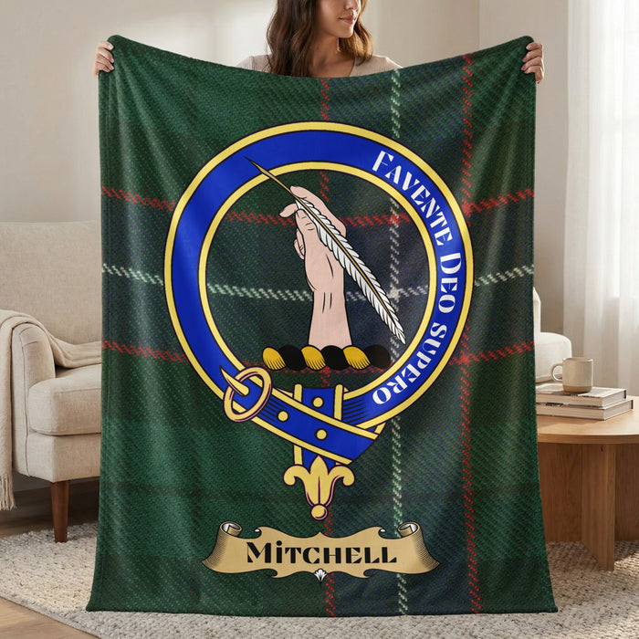 Mitchell Family Crest printed throw held open