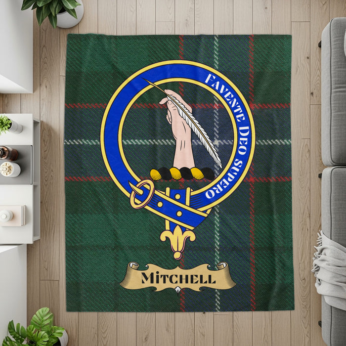 Mitchell Family Crest printed throw displayed on a wall