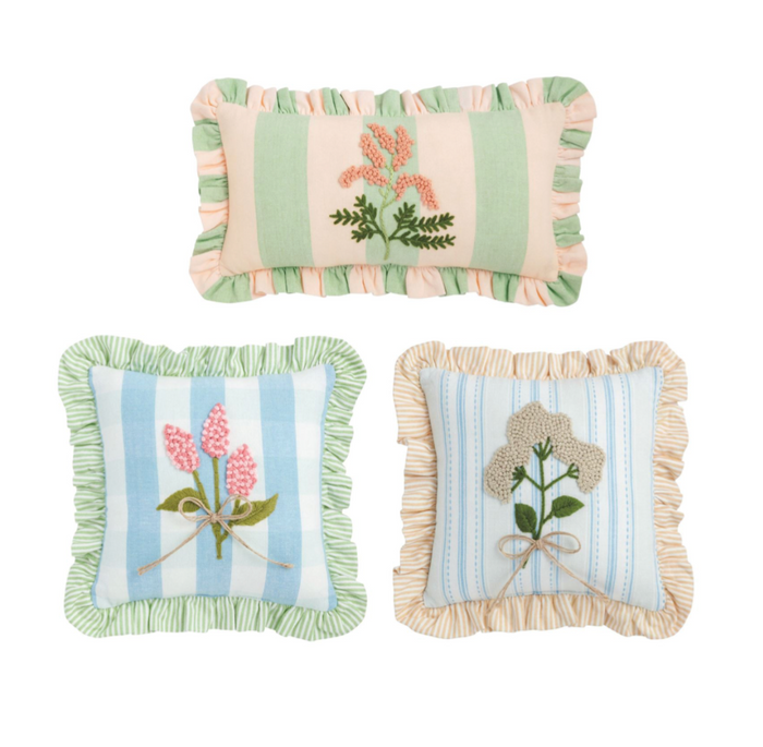 Multi-Stripe Ruffle Floral Embroidered Pillows
