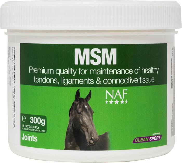 NAF MSM supplement powder tub, 300g of pure methyl sulphonyl methane for horses