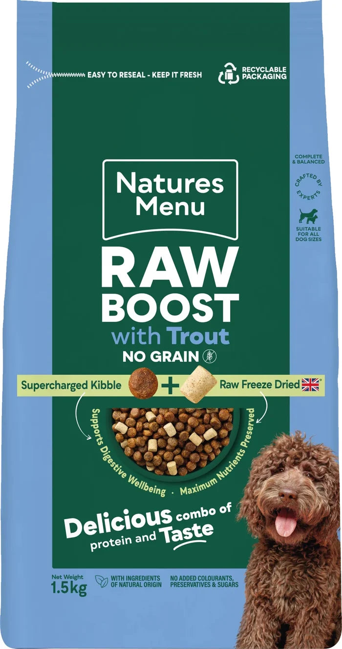 Natures Menu Raw Boost with trout grain free dry dog food with freeze dried raw bites