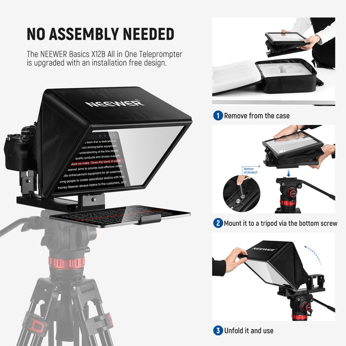 NEEWER X12B Aluminum Alloy Liftable Teleprompter is upgraded with an installation free design.