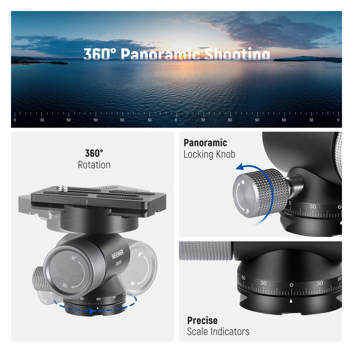 This gimbal head features a 360° ball head