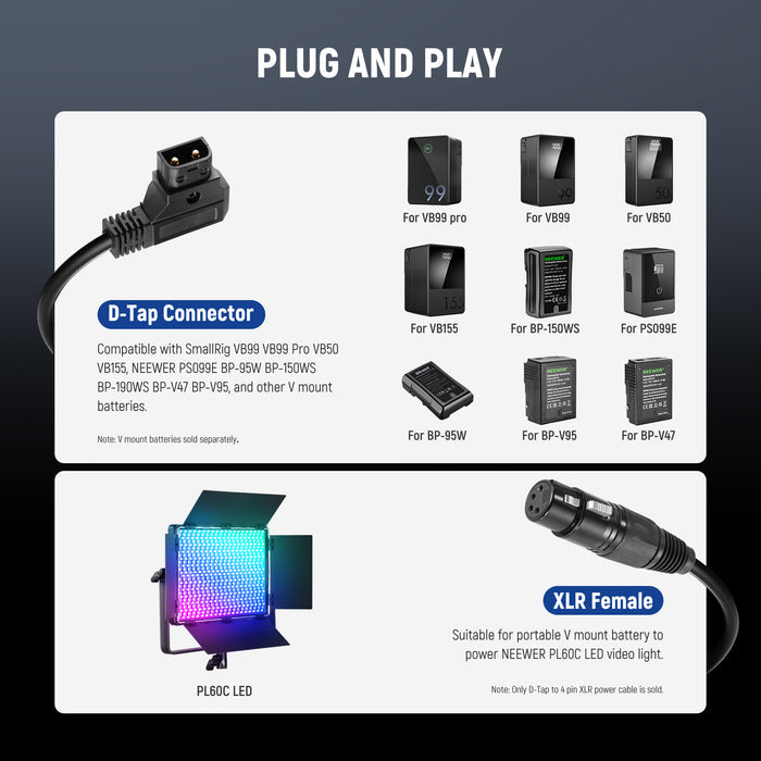NEEWER NC011 D-Tap to 4 Pin XLR Cable is compatible with the PL60C LED Video Light