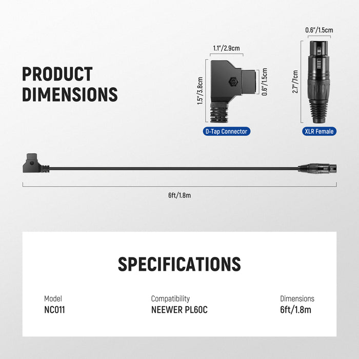 Product dimensions of the NEEWER NC011 D-Tap to 4 Pin XLR Cable for PL60C LED Video Light