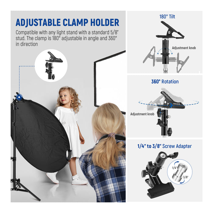 This Collapsible Photography Reflector kit includes a heavy duty metal clamp holder.