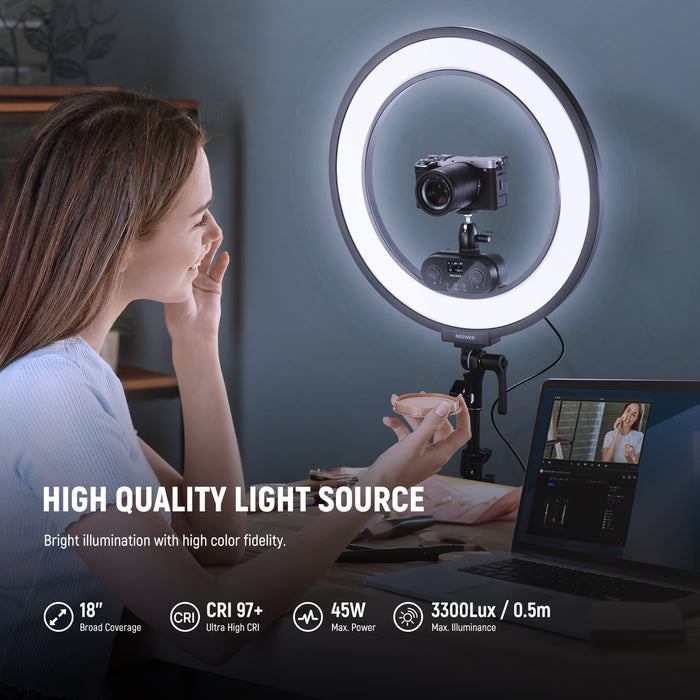 NEEWER RL45B 45W 18" Slim Edge Lit Ring Light features 45W maximum power.