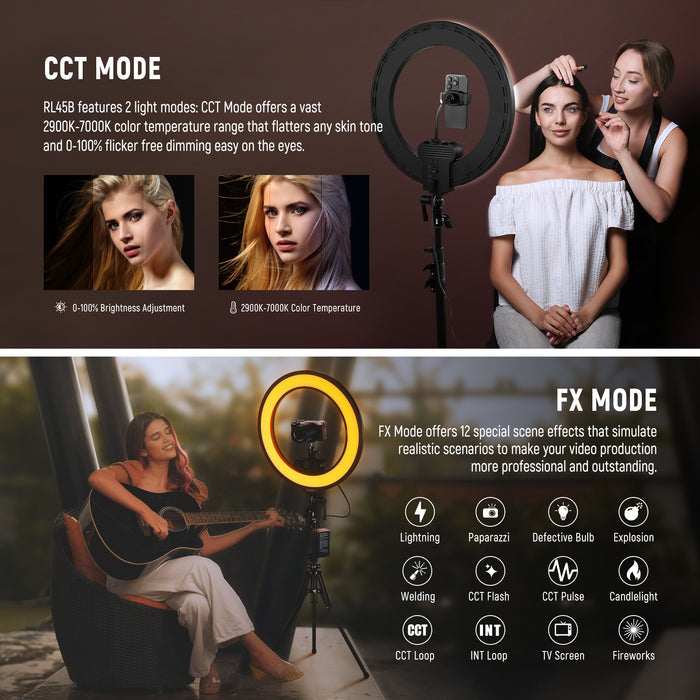 NEEWER RL45B 45W 18" Slim Edge Lit Ring Light Kit features 2 light modes.