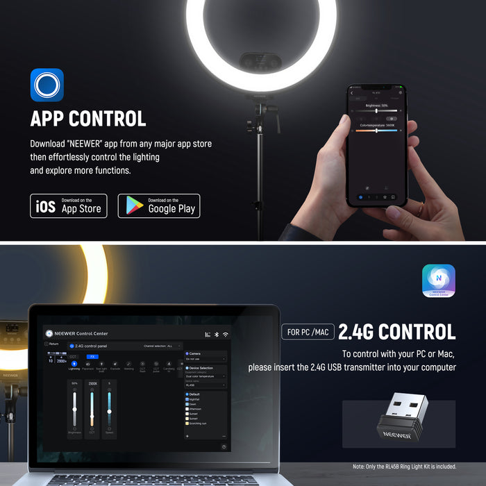 NEEWER RL45B 45W 18" Slim Edge Lit Ring Light Kit can be controlled by the NEEWER APP.